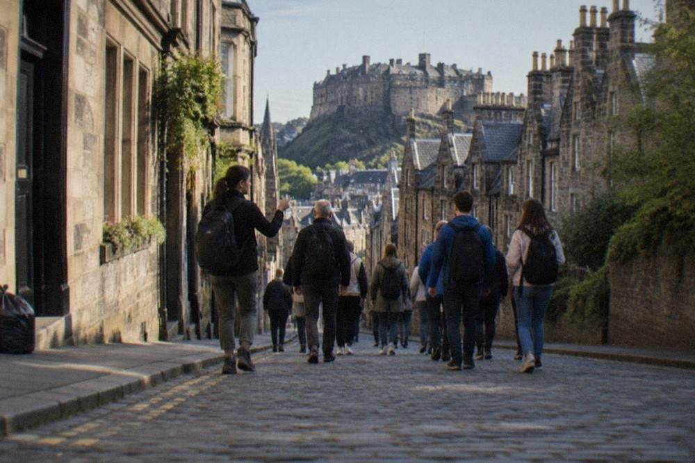 Edinburgh's Royal Mile stretching downhill between tall old stone buildings