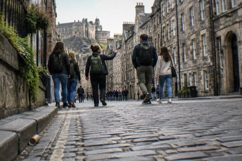 La Royal Mile en el Old Town de Edimburgo, bañada por la luz dorada de la tarde, con visitantes paseando por el empedrado entre altos edificios grises y callejones estrechos.