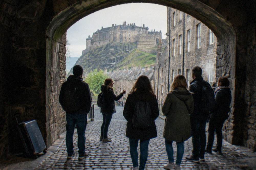 A tour group gathered on the Royal Mile listening to a guide beside a historic close entrance