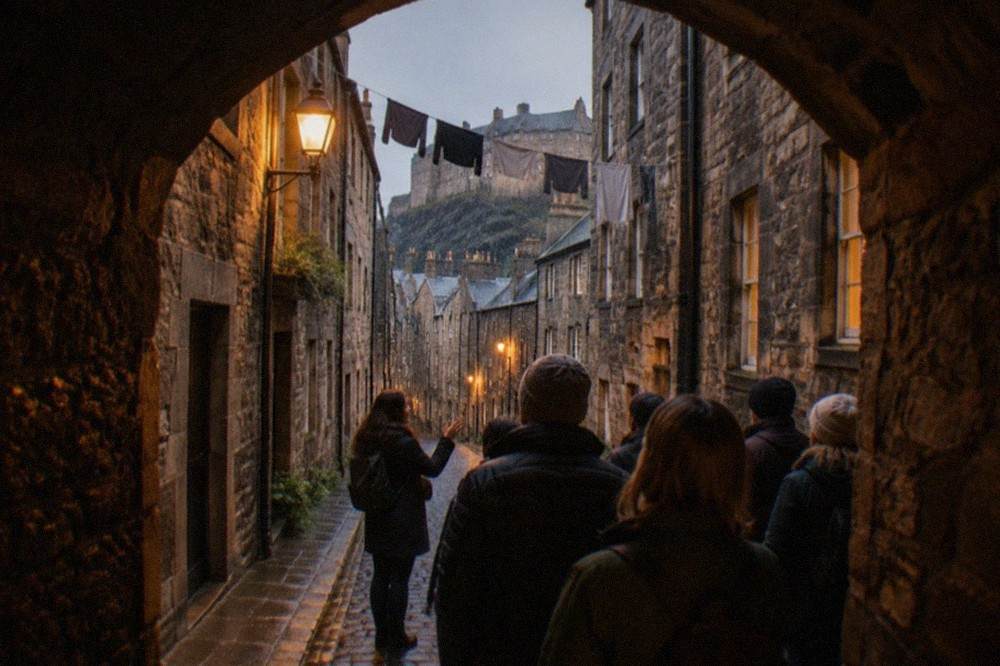 Narrow cobbled alley between tall old stone tenements in Edinburgh's Old Town