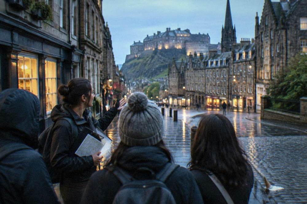 A close view of a guide's clipboard with a printed list of names, a pen, and a map of the Royal Mile